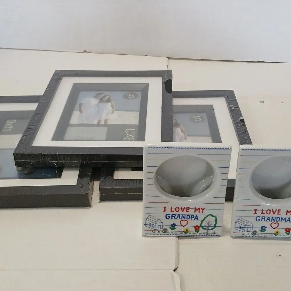 Lot Of 5 Picture Frames 3-Black 9×11(New) 2- VTG CERAMIC Russ BERRIE 5×4(used)